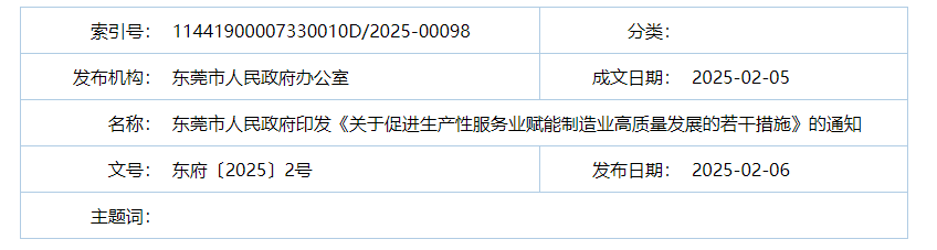 东莞市人民政府印发《关于促进生产性服务业赋能制造业高质量发展的若干措施》的通知
